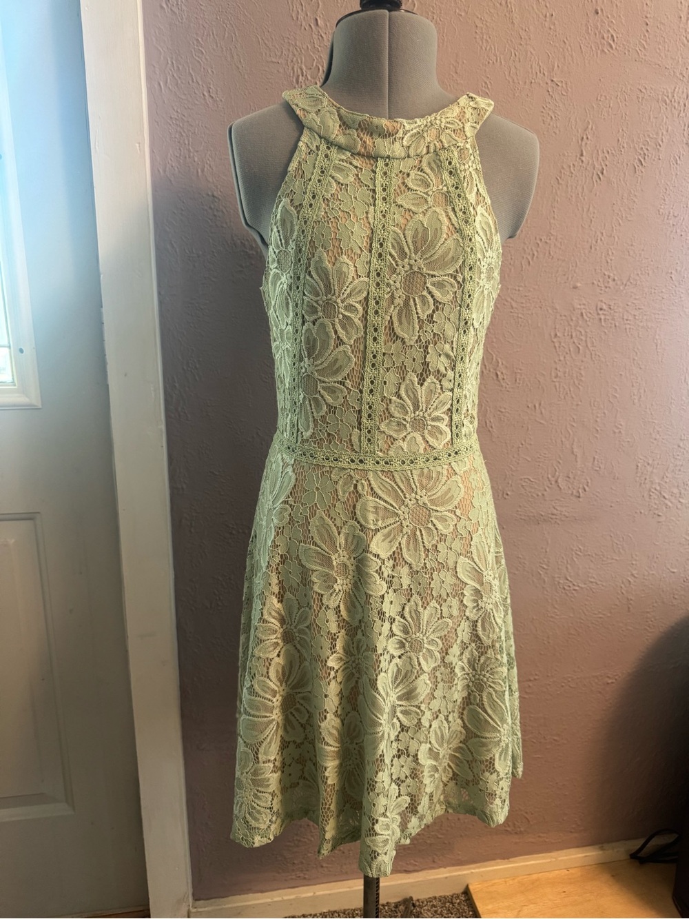 Crystal Doll Pale Green Lace Halter Mini Dress